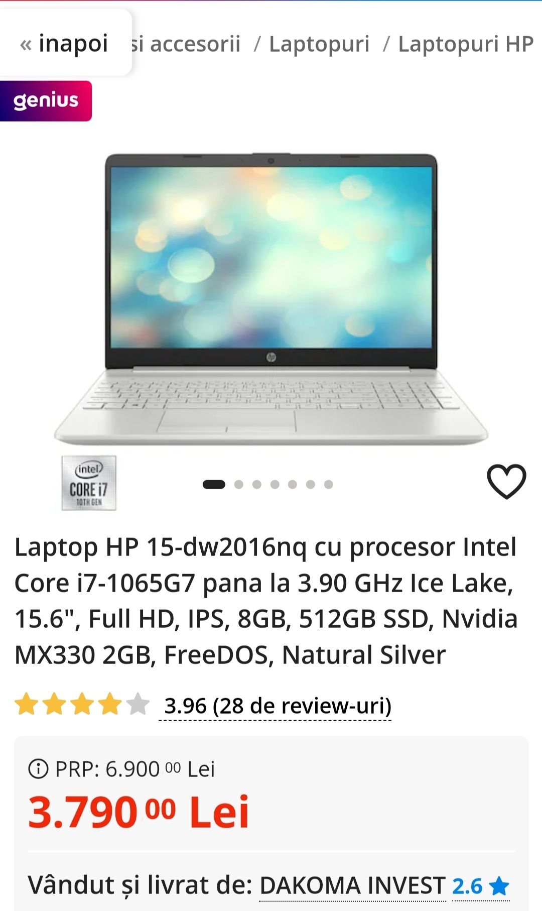 Laptop HP 15-dw2016nq cu procesor Intel Core i7-1065G7 pana la 3.90 GH