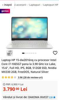 Laptop HP 15-dw2016nq cu procesor Intel Core i7-1065G7 pana la 3.90 GH