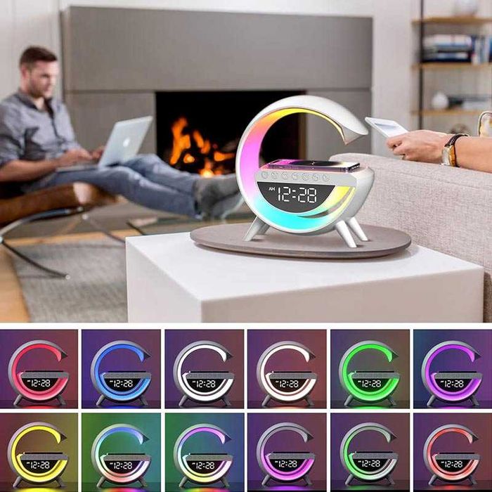 Лампа с безжично зарядно за телефон, аларма и Bluetooth LED колонка