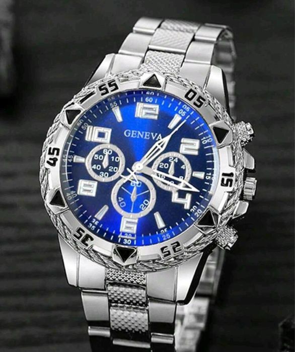 Ceas delux firma Geneva , cronograf cu banda de otel , cadran albastru