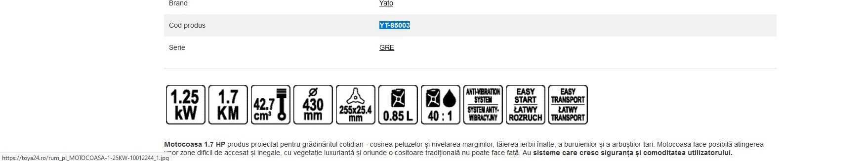 MOTOCOASĂ benzina 1.25KW=1,7 cai  YATO noua nedesigilata- garantie