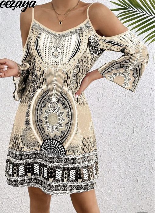 Винтидж миди рокля с открити рамене – идеална за лято и ваканции