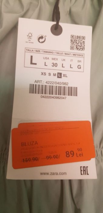 Bluza din balon, marca ZARA marime 42-44 L, verde-deschis/fistic, NOUA