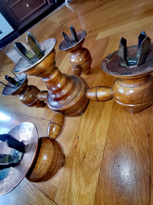 Антикварен дървен свещник за 5 свещи в стил Брутализъм ръчно изработен