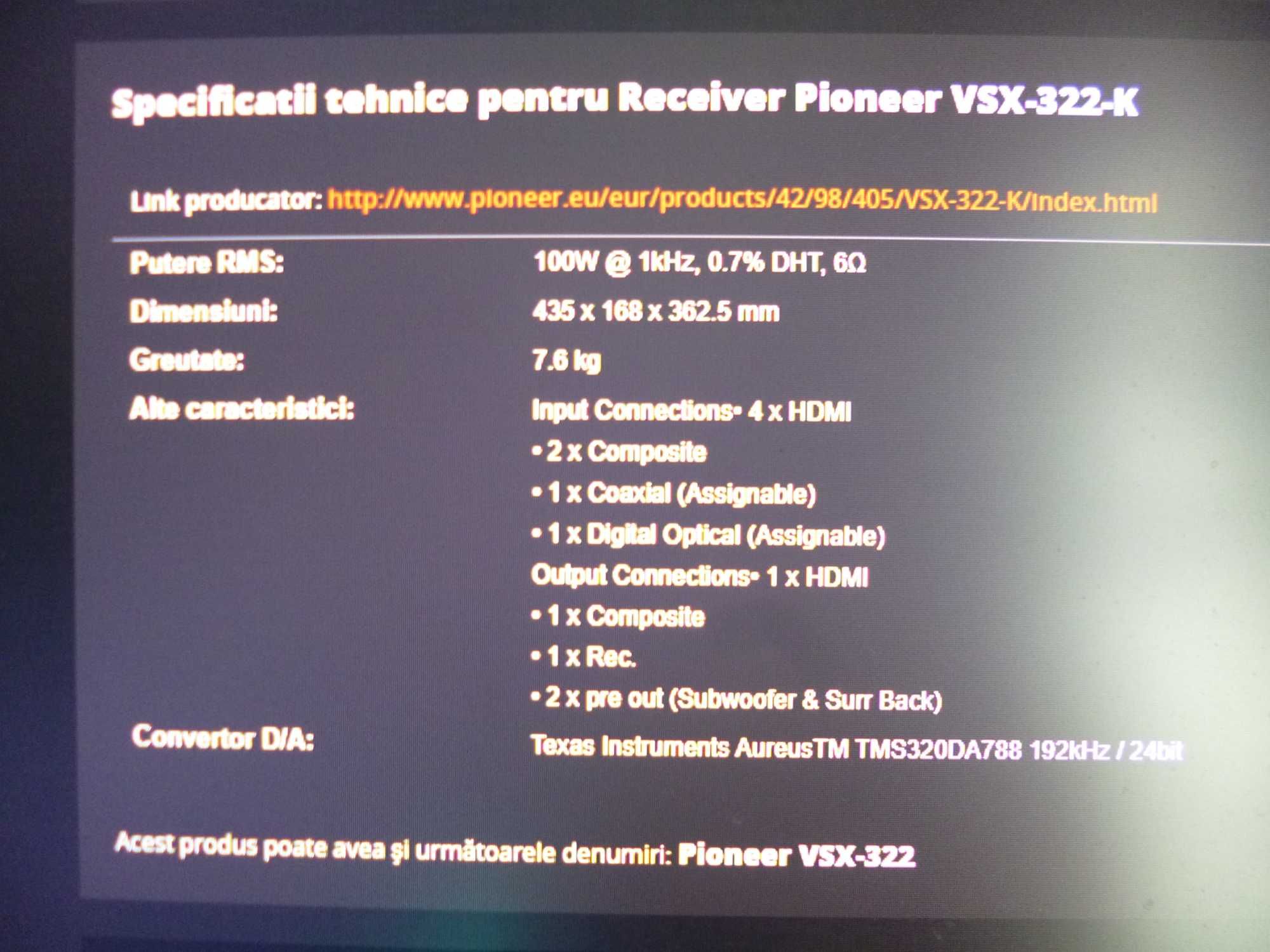 Amplificator  Pioneer VSX 322 K,Hdmi,Optical,Analog,100W Canal