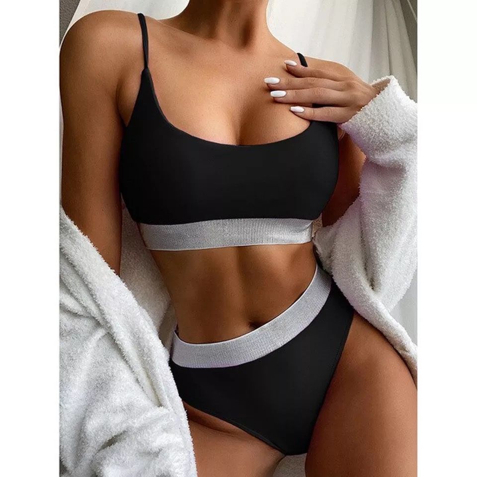 Costum baie C1 negru talie inalta alb argintiu banda Push Up brazilian