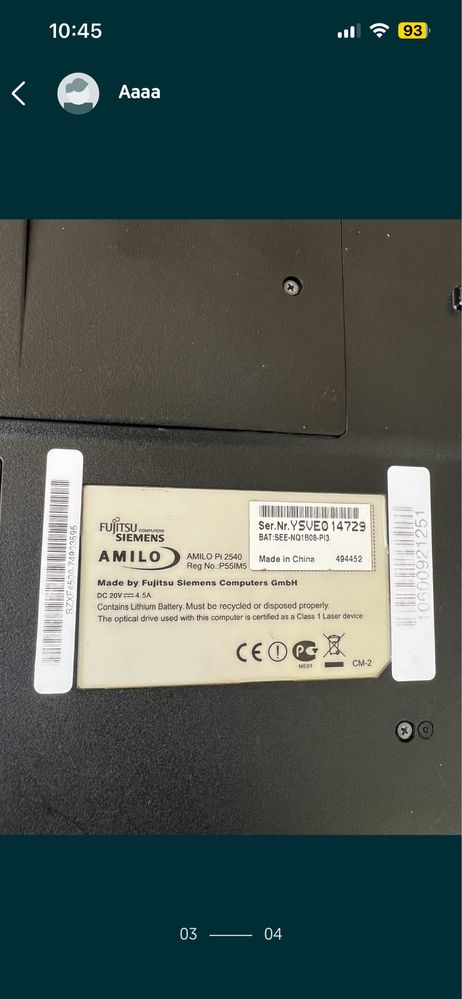 Laptop fujitsu siemens Amilo pi2540