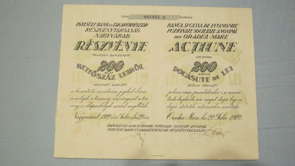 Actiune veche,Oradea,1922,Banca si Cassa de Economie,200 LEI.
