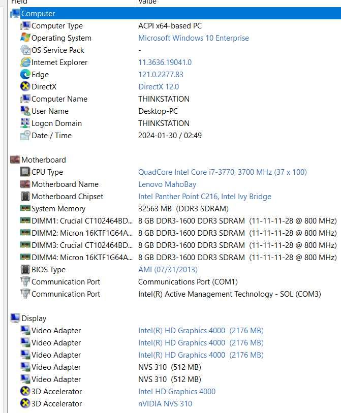 Работна станция/PC Компютър Thinkstation E31, Intel I7, RAM 32GB