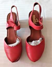 Летни червени кожени обувки с дървена подметка