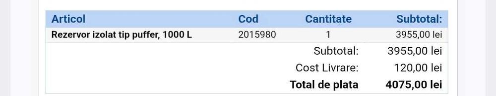 Vand Rezervor tip Puffer 1000 litri folosit 3 ani