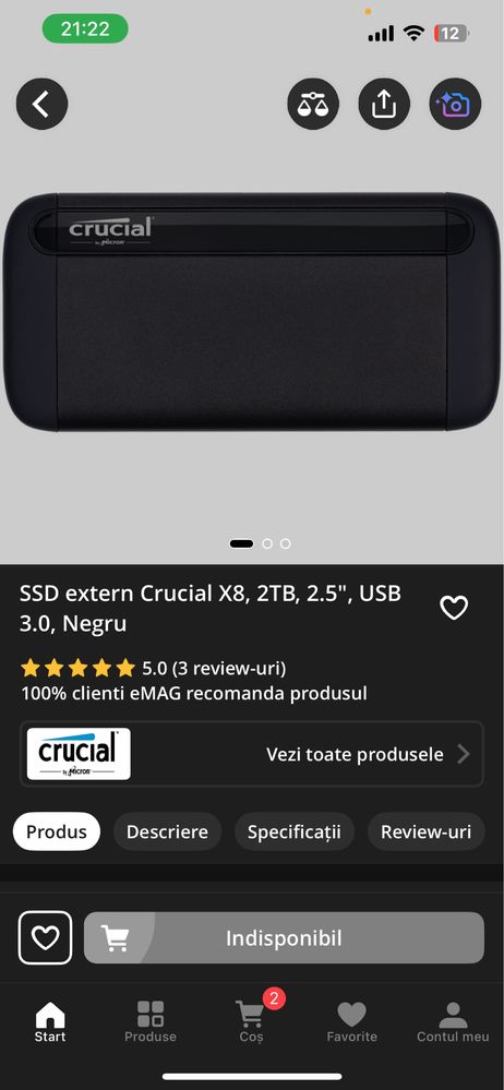 SSD extern Crucial X8, 2TB, 2.5", USB 3.0, Negru SIGILAT