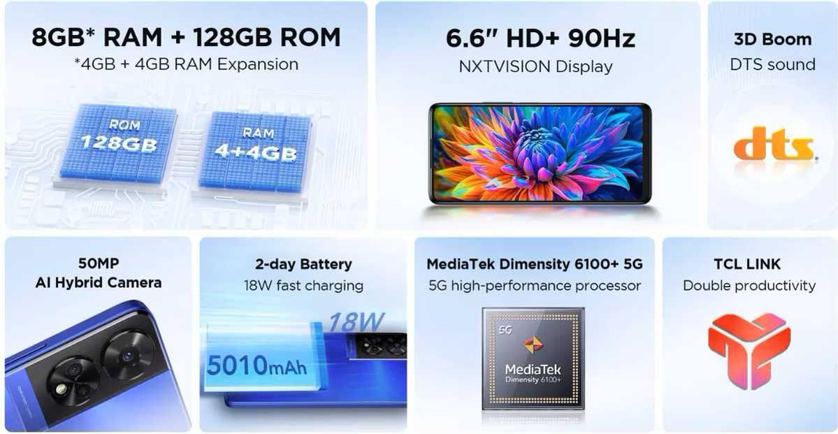 Смартфон TCL 50 5G 128 GB Grey + подарък безжични служалки TTEC Mode