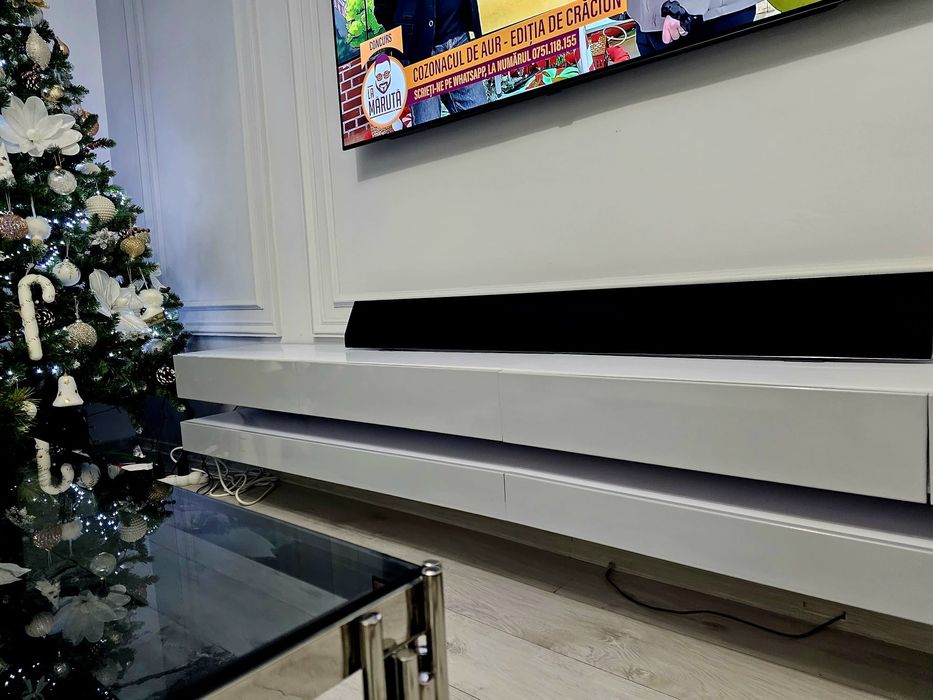 Mobilă living  Comoda TV FLYNT Double, 280x10/15x34, alb/gri lucios