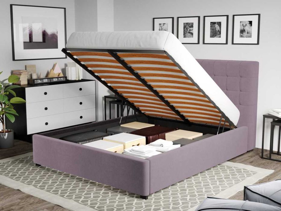 Pat Tapitat Rivo Mov deschis cu somiera rabatabila + lada depozitare