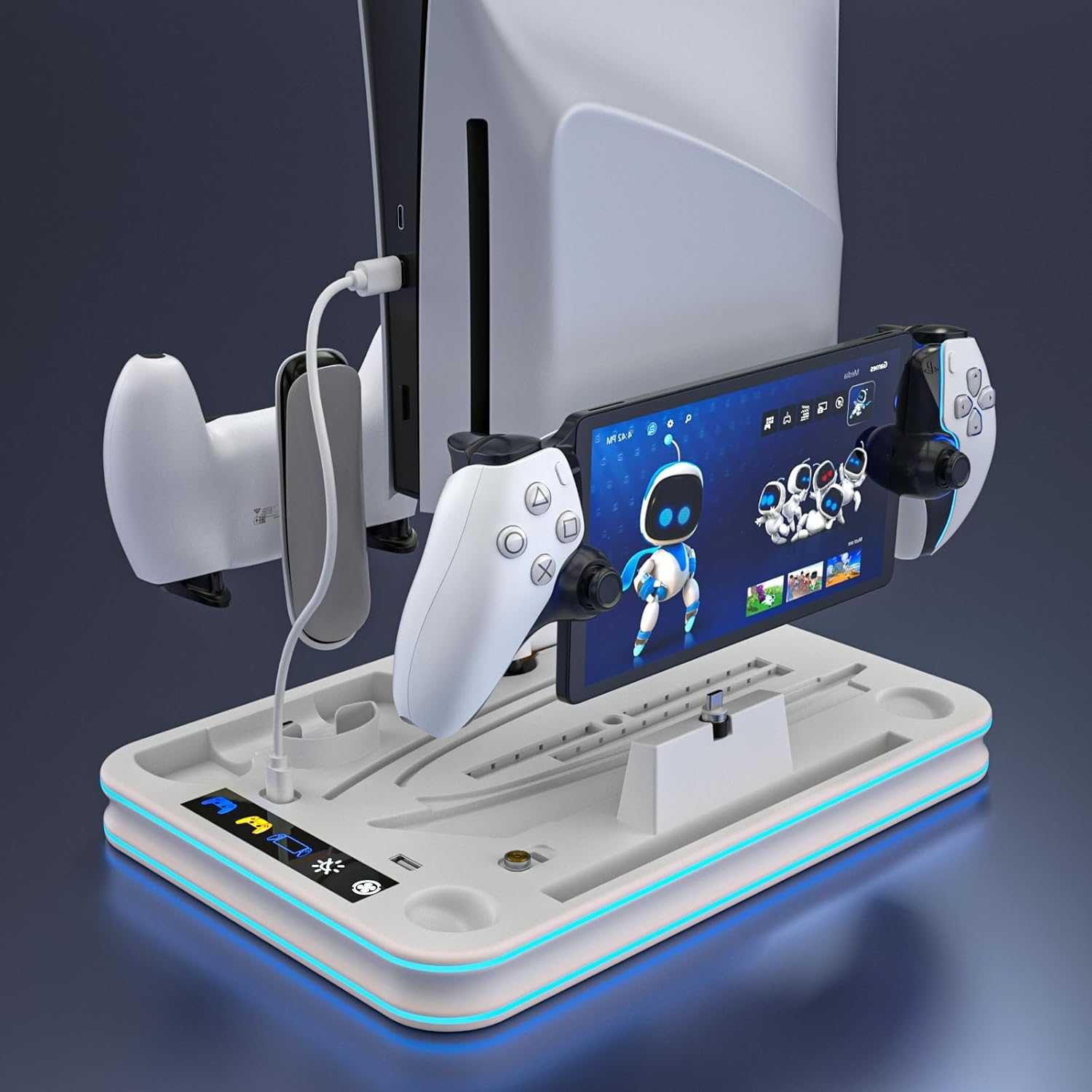 Стойка и охладителна станция RGB LED за зареждане, PS5/PS5 Slim, бяла