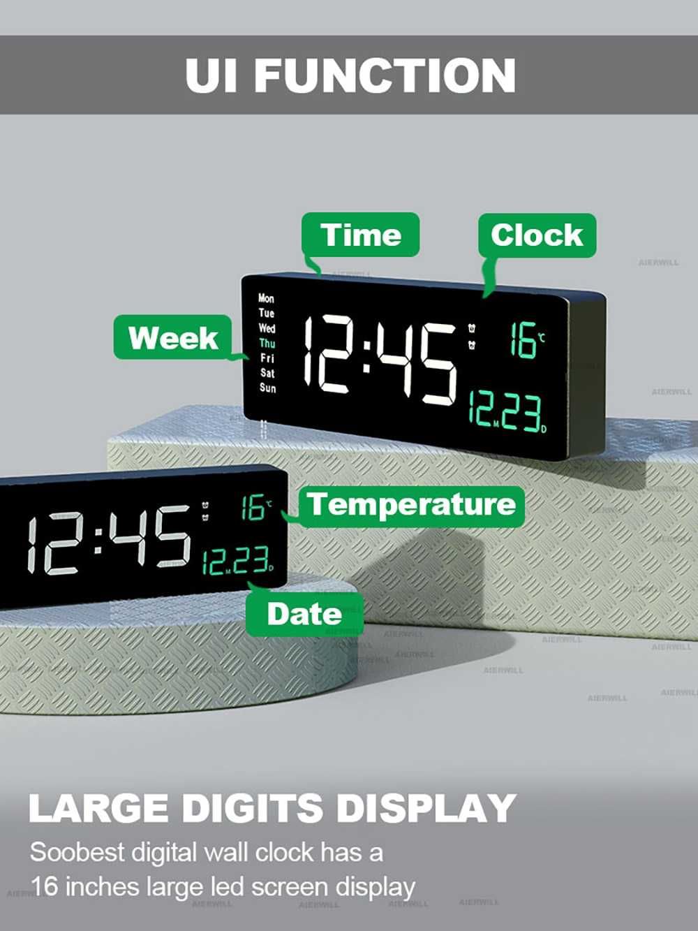 Ceas digital mare, telecomandă, alarmă, dată, săptămână, temperatură