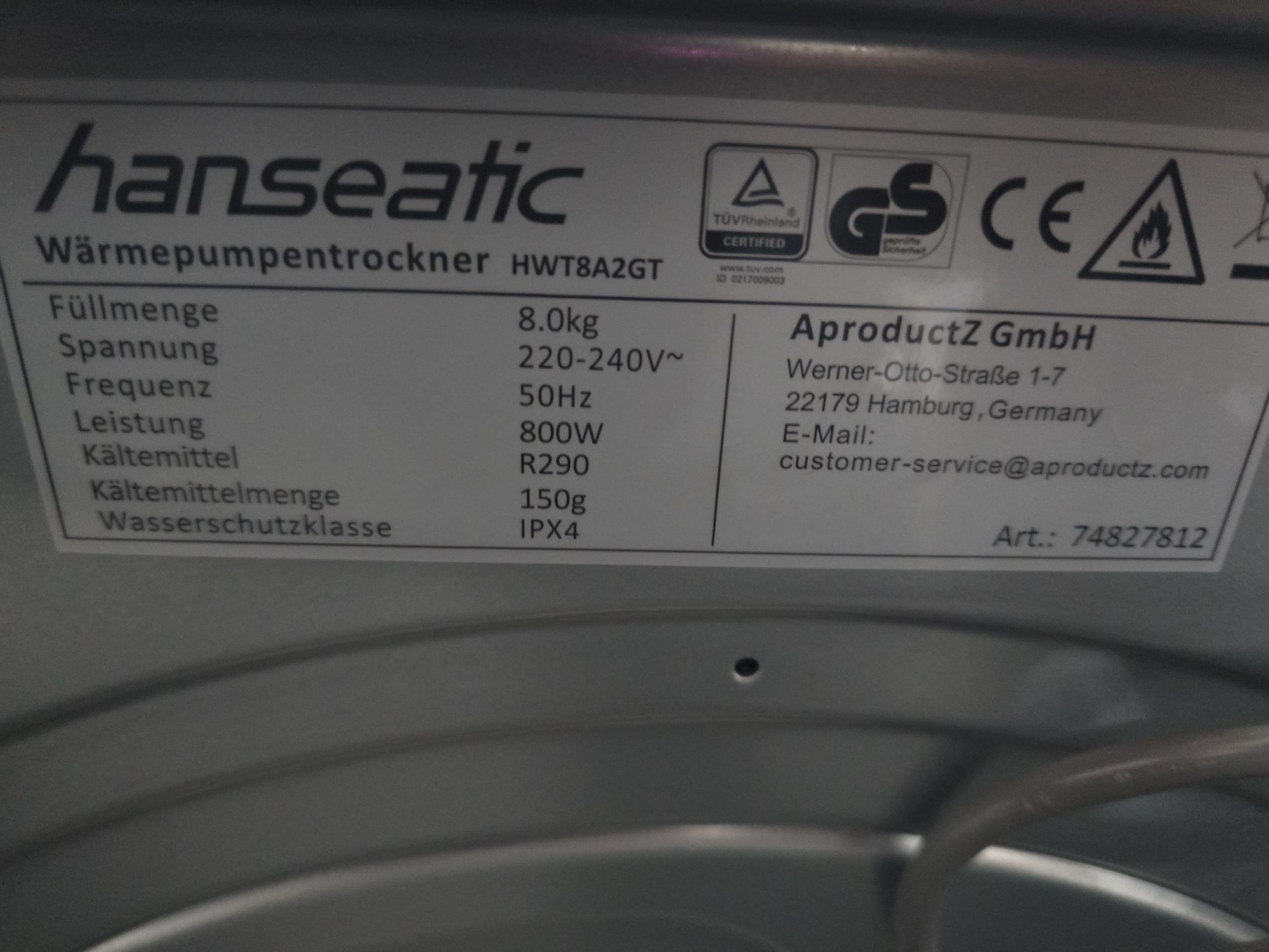 A+++Нова сушилня с термопомпа Hanseatic 8 кг 800W