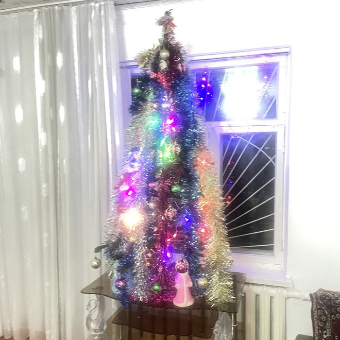 Елка ойыншықтарымен және светильникпен бірге