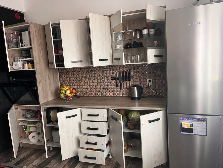 Bucatarie finisaj stejar gri / stejar alb, 260 cm (200 blat+60 soldat)