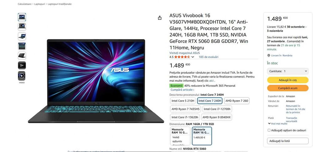 Laptop Gamng ASUS Vivobook 16 V3607VM , ultra 7-240H , rtx 5060 , nou