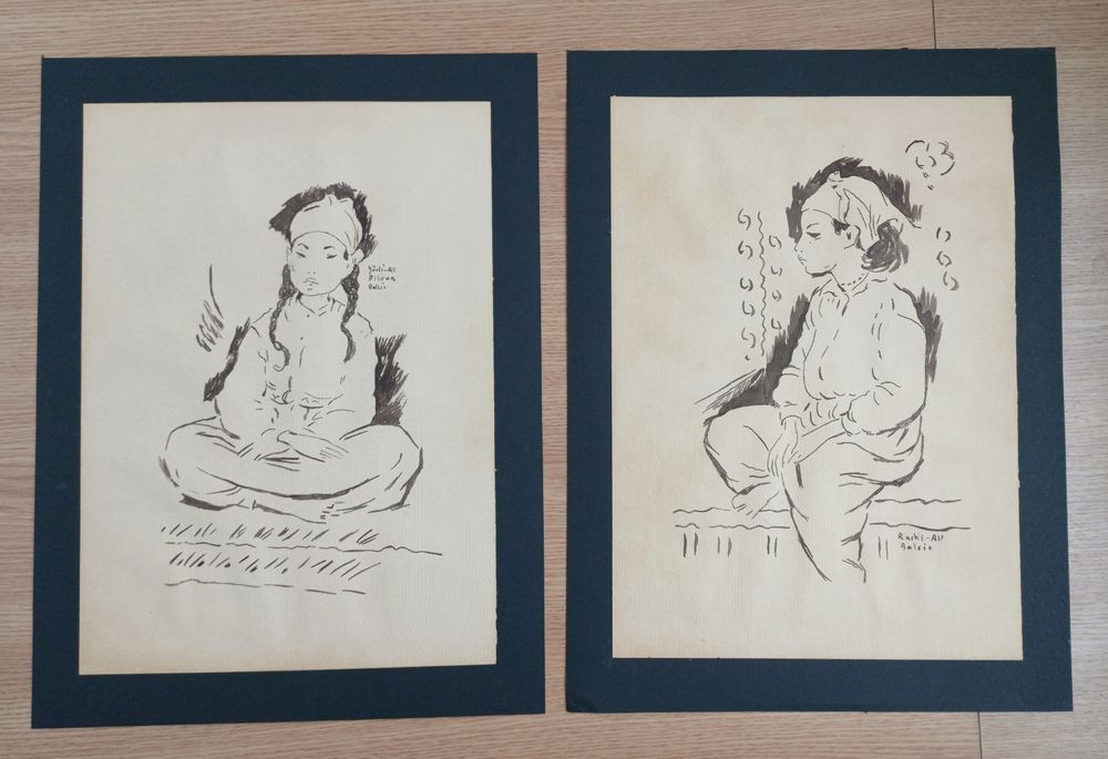 Doua desene vechi in tus lipite pe carton