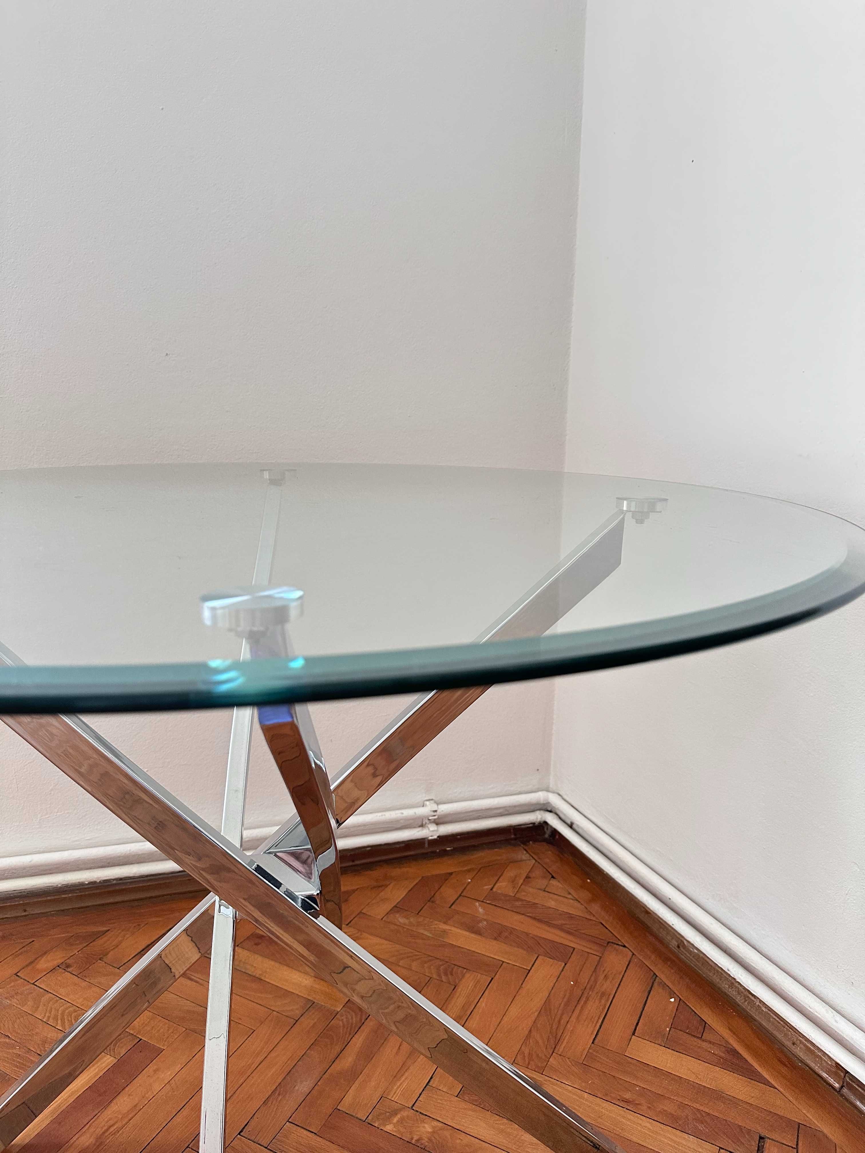Masa rotunda, blat sticla, picioare crom, diametru 99.5 cm