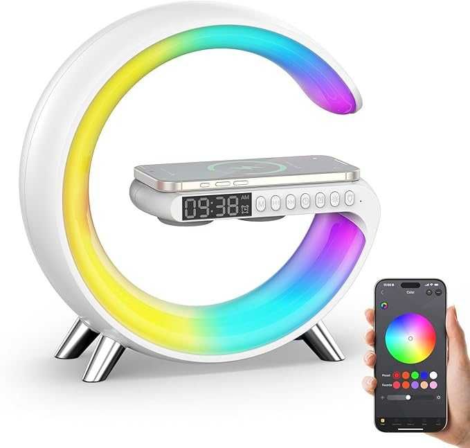 Ceas Lampa LED RGB cu incarcare Wireless, difuzor Bluetooth