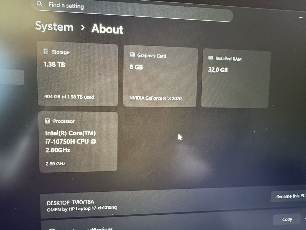 HP Omen 17 RTX 2070, core i7 10750H, 32GB RAM, 512GB SSD, 1TB HDD, Win