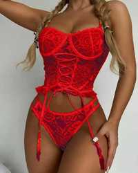 Lenjerie sexy corset rosu 2 piese marimea L cupa C