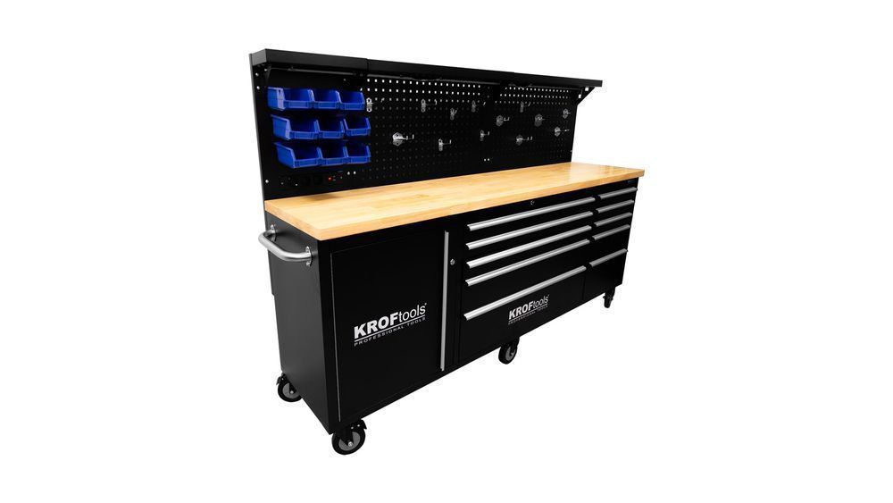 Banc de lucru metalic profesional 10 sertare, blat lemn masiv, panou i