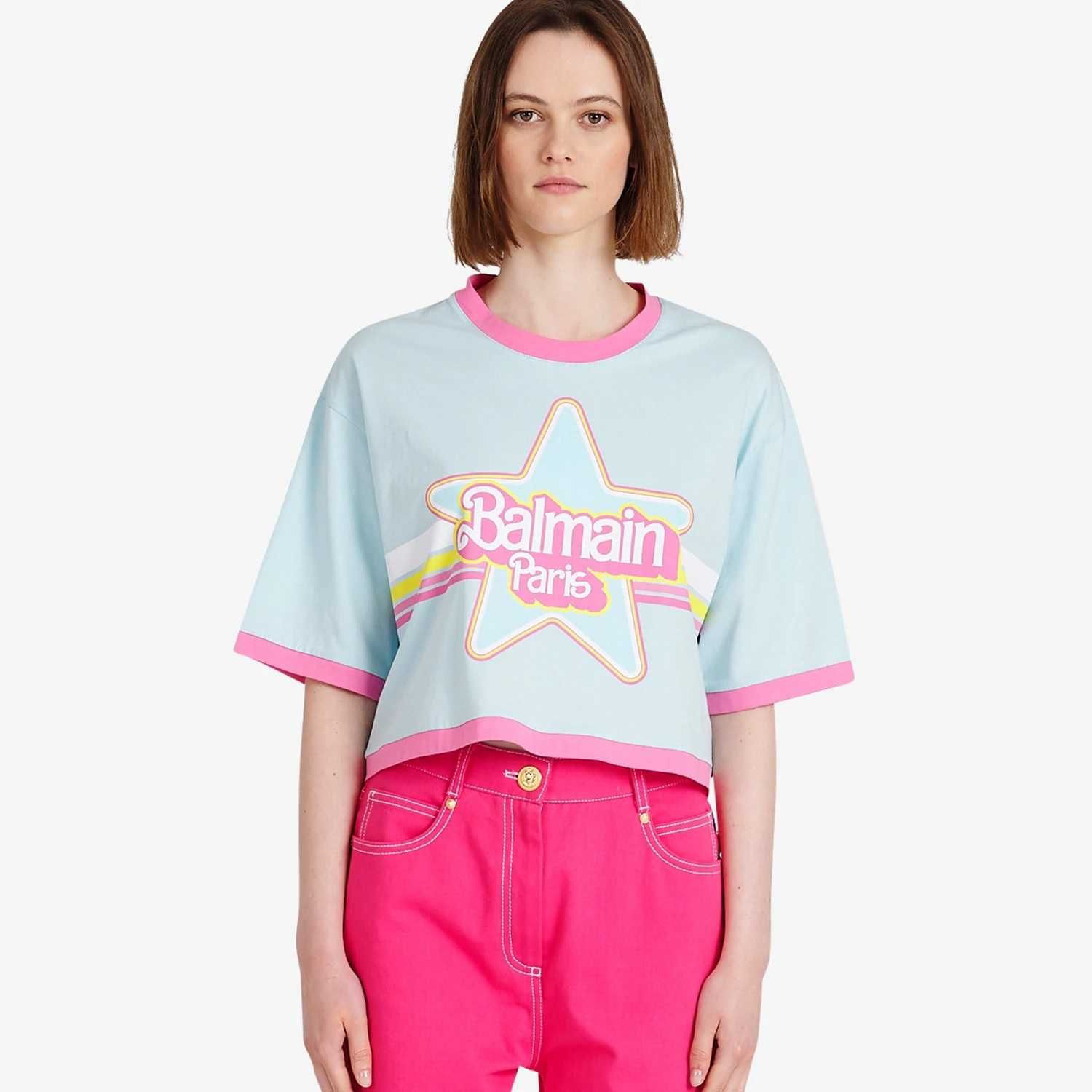 BALMAIN x Barbie Logo Print Cropped Oversized Дамска Тениска XS и M