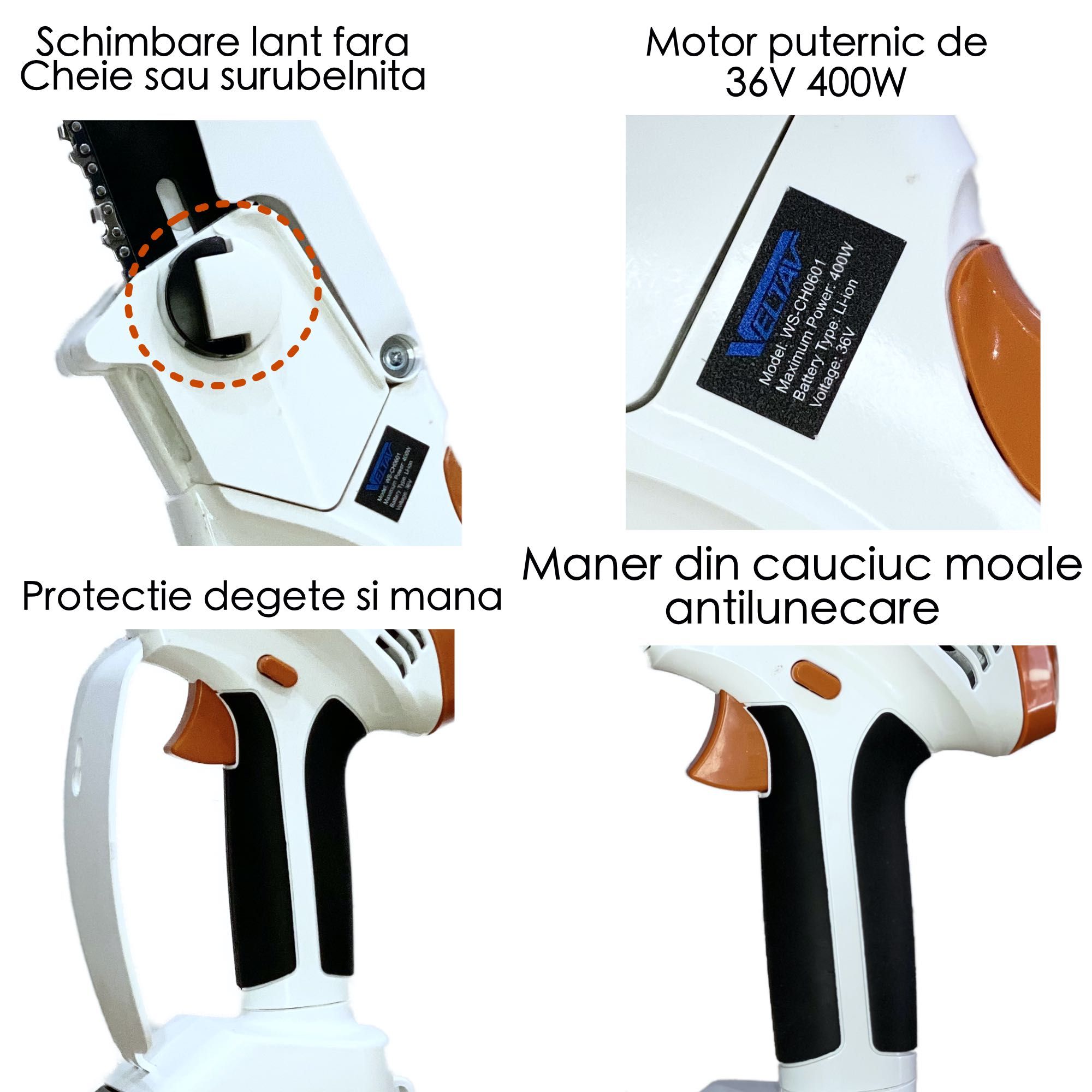 Mini drujba XForce cu 2 acumulatori 36V, Motor 400W, 3 lanturi, 2 lame