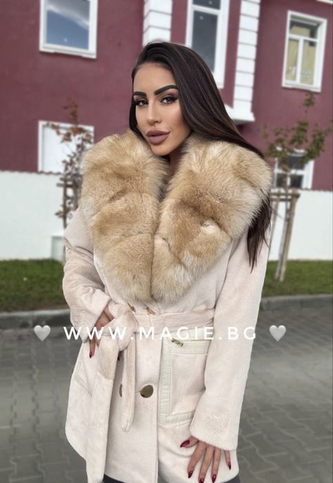 Палто алпака и алкантара с естествен косъм лисица