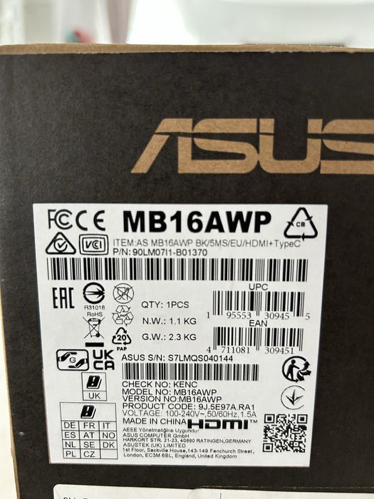 Monitor portabil ASUS ZenScreen Go MB16AWP, 15.6"