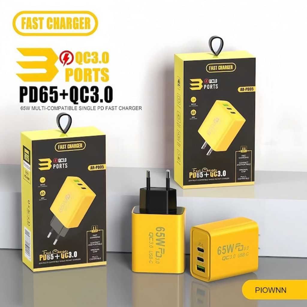 Бързо зарядно устройство 65W, 3 порта - 2x USB-C PD и 1x USB-A