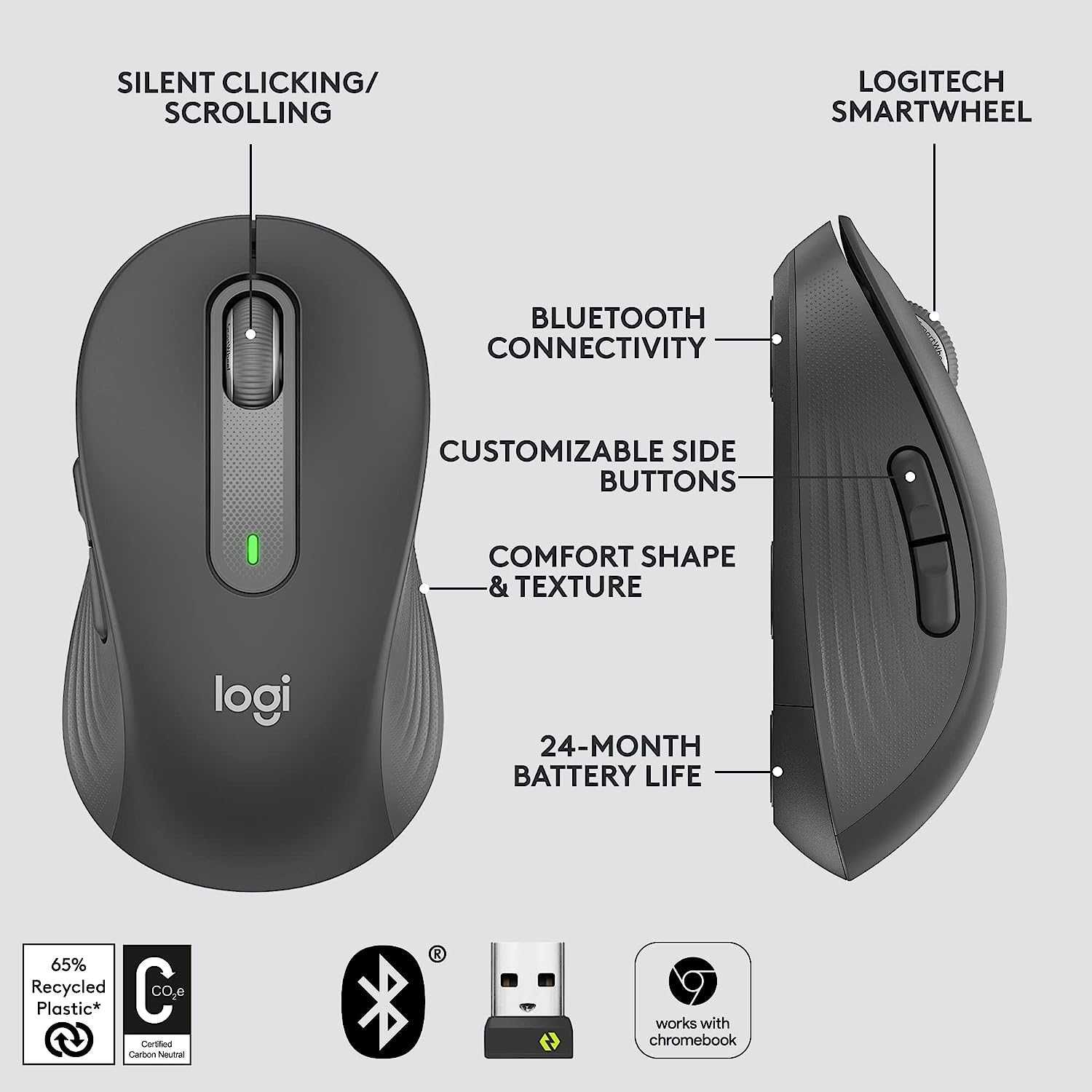 Logitech M650 L Signature безжична компютърна мишка,2,4GHz и Blutooth