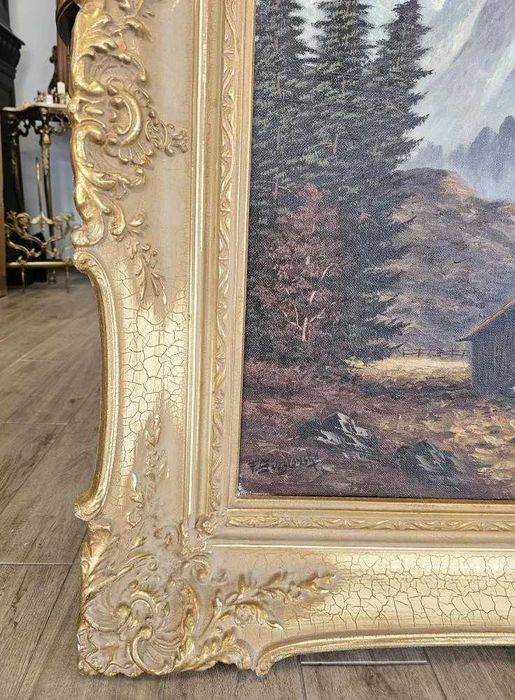 Tablou deosebit, pictat în ulei  reprezentând un peisaj montan alpin,
