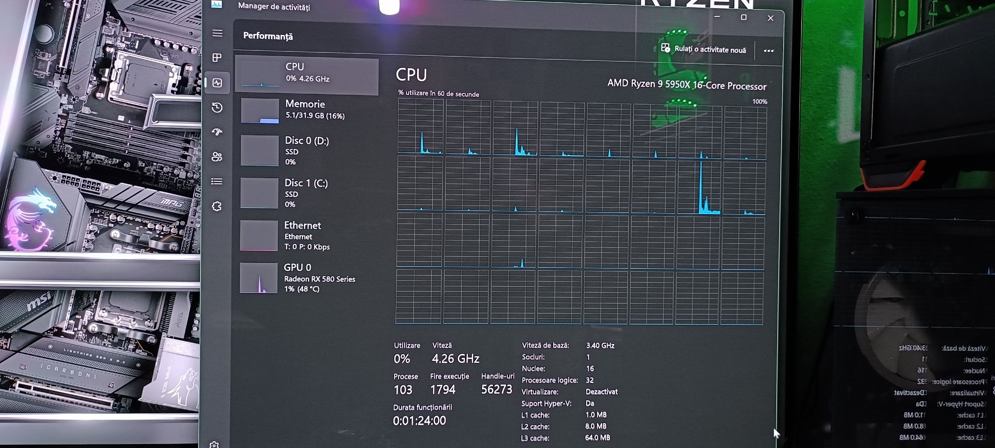 PC Gaming R9-5950x rx580 8 GB ddr4 32gb si  2 x ssd 250gb ca nou