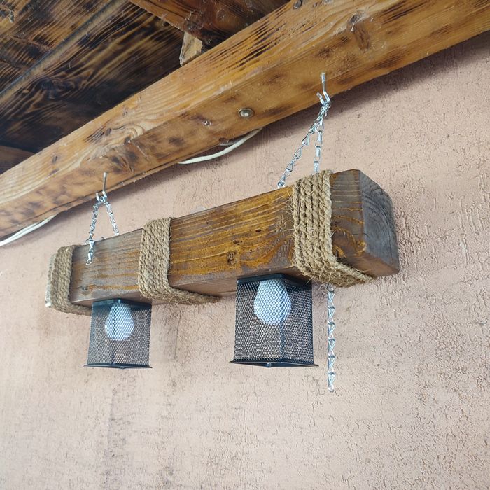 Lustra, corp iluminat, Decor rustic lemn brad cu doua becuri 2,2W, fas