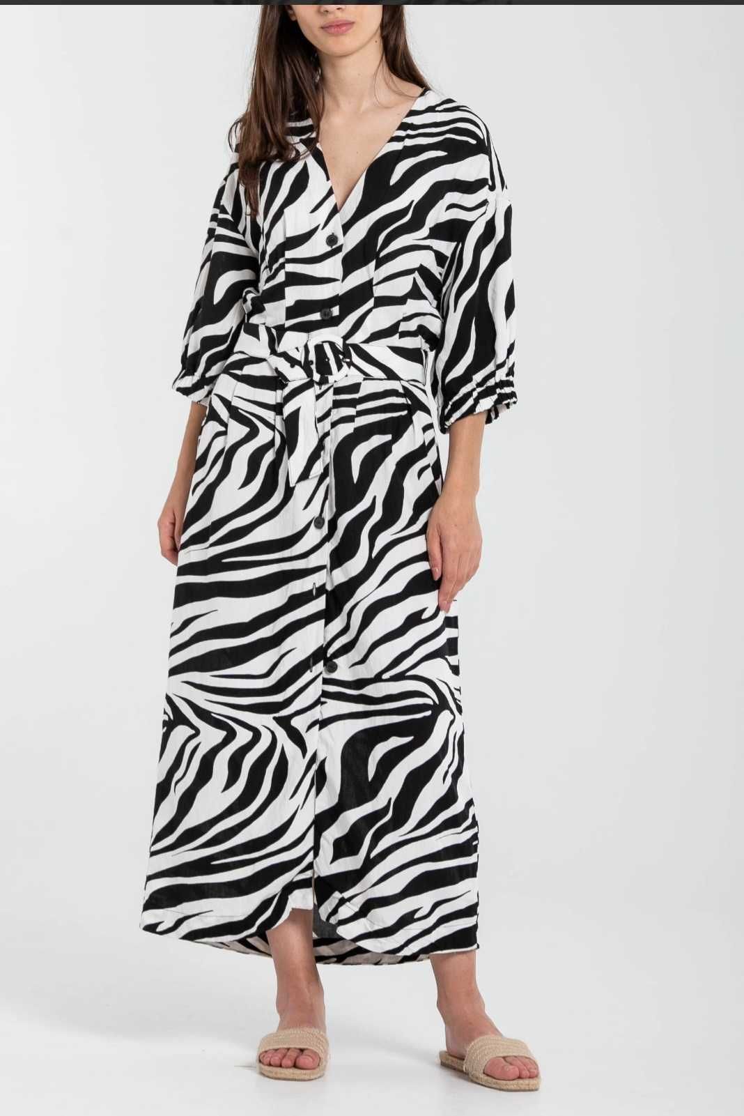 Rochie midi Zara, din in 100%, animal print, cordon, L
