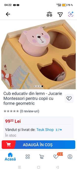 Cub educativ din lemn - Jucarie Montessori pentru copii cu forme geome