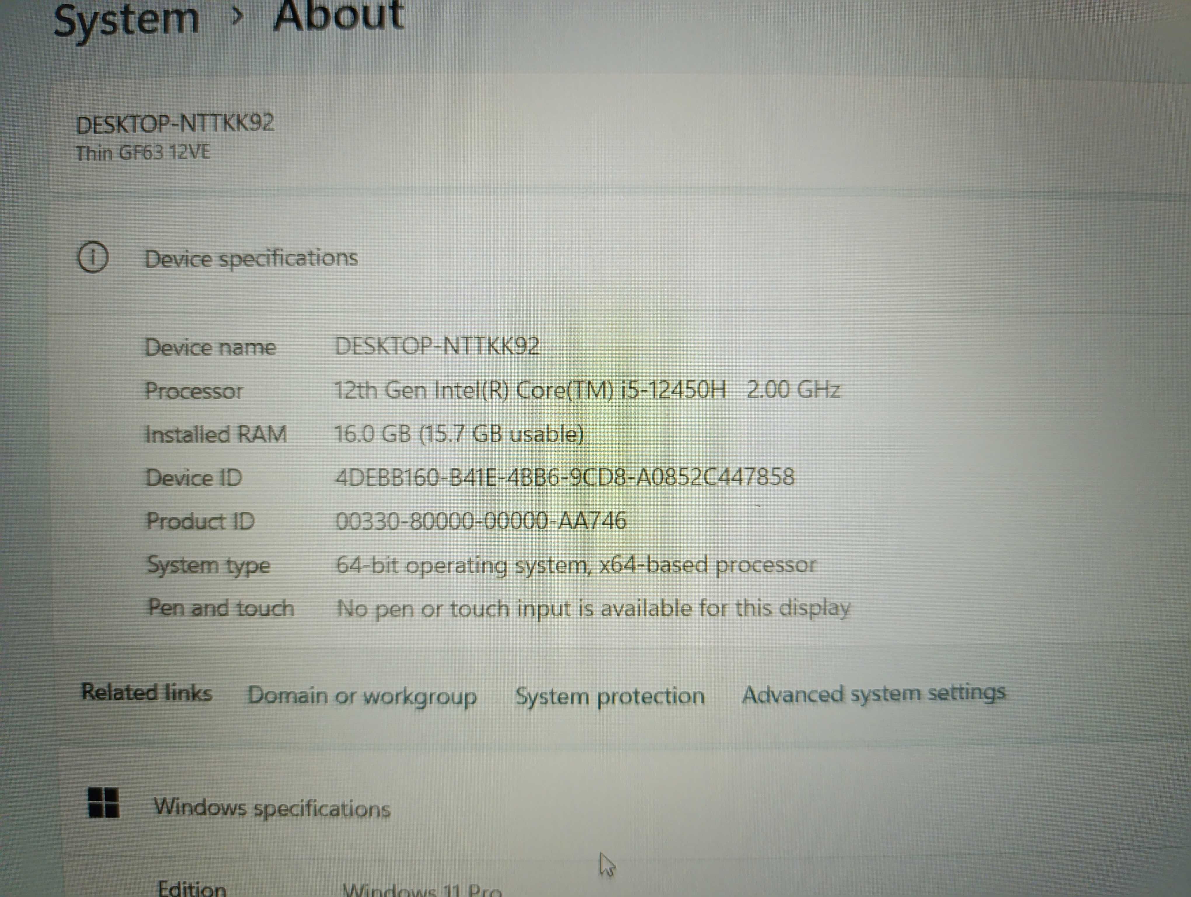 Геймърски лаптоп MSI Thin GF63 i5-12450H/RTX 4050/16GB RAM/512GB SSD