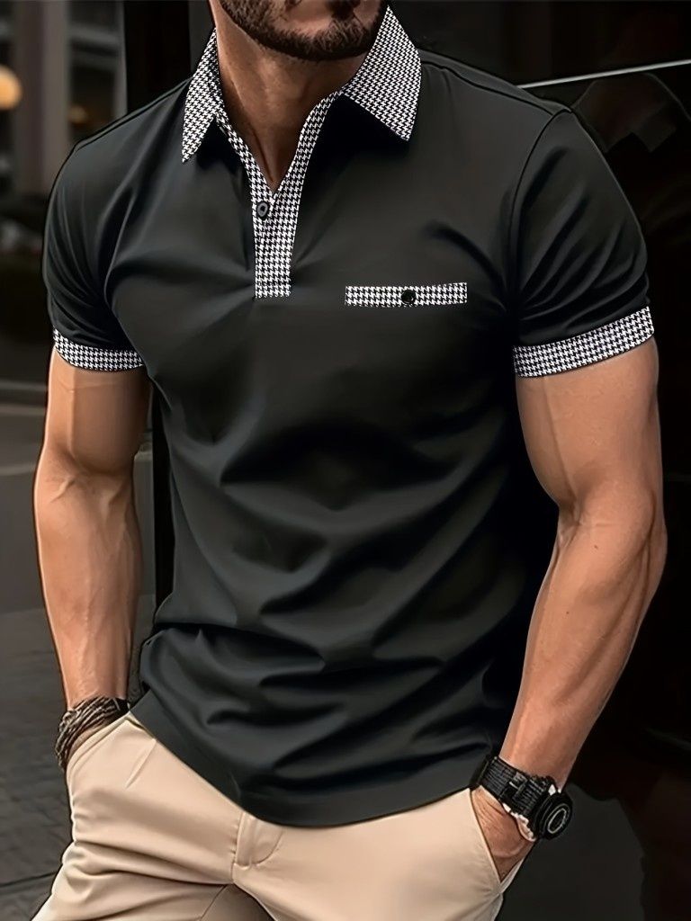 Мъжка ежедневна карирана риза с ревер,4 копчета,винтидж стил и къс рък
