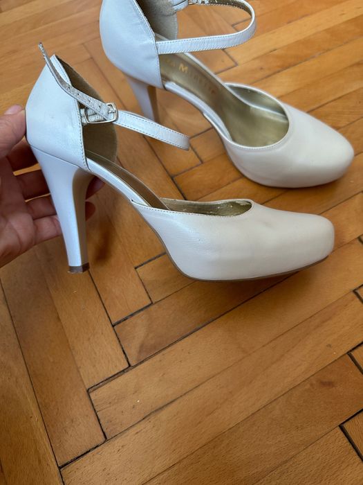 Pantofi cu toc si bareta, alb sidef, mireasa