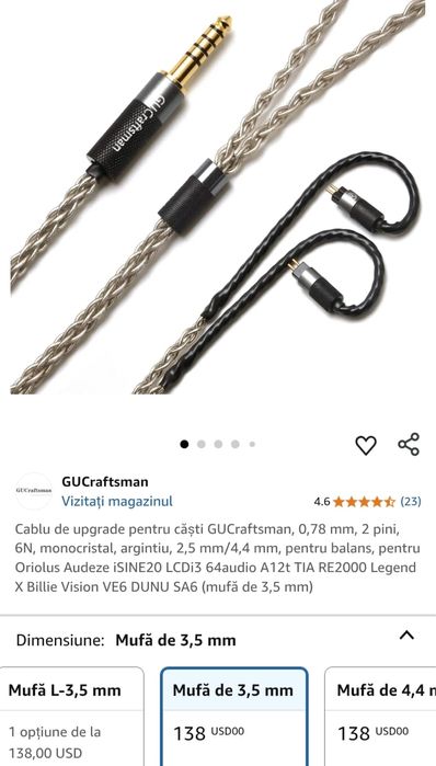 Cablu de upgrade pentru căști GUCraftsman, 0,78 mm, 2 pini, 6N
