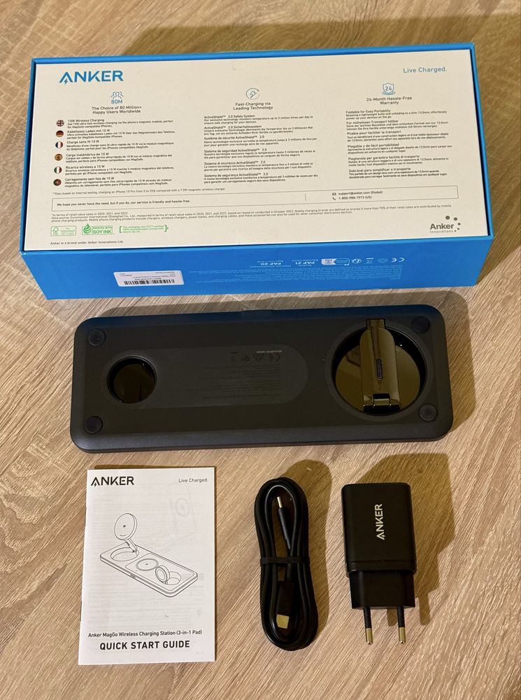 Incarcator wireless Anker, "MagGo" 15W, 3-in-1, Negru