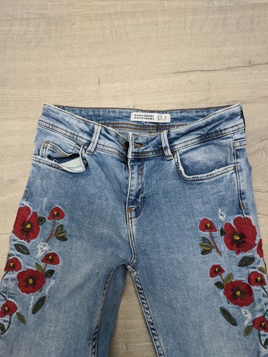 Blugi broderie maci Zara Basic, XS 32-34