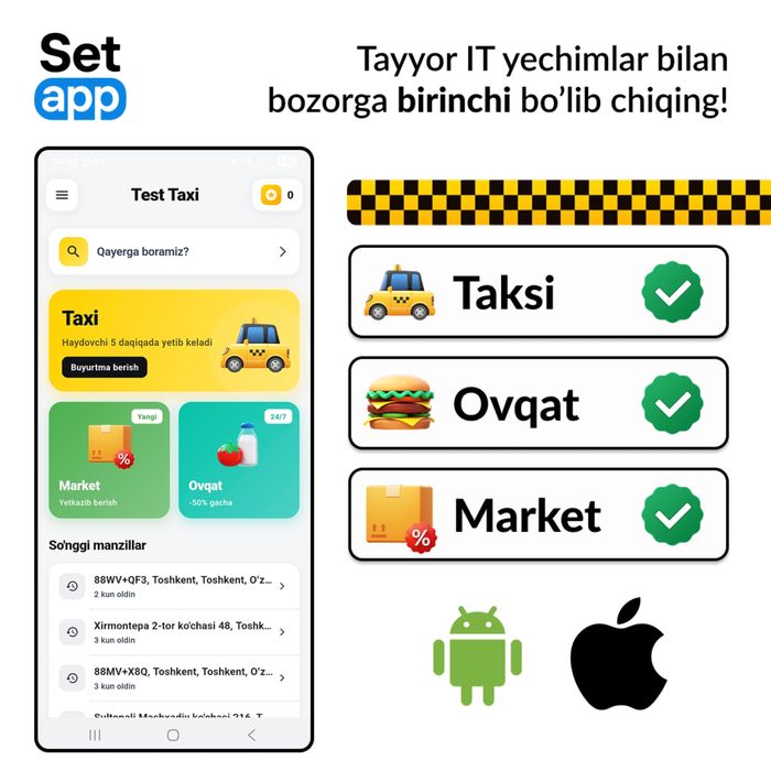 Tayyor Yandex Go uslubidagi superilova! Taksi, Ovqat, Market platforma
