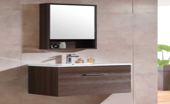 Комплект дървен шкаф за баня с мивка и огледало